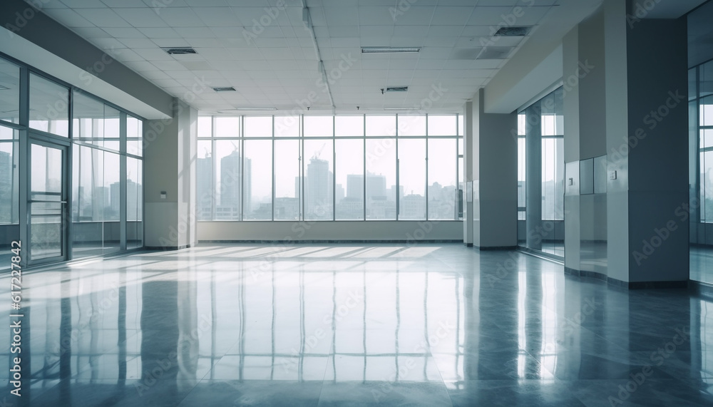 Modern office with clean glass walls and bright steel flooring generated by AI