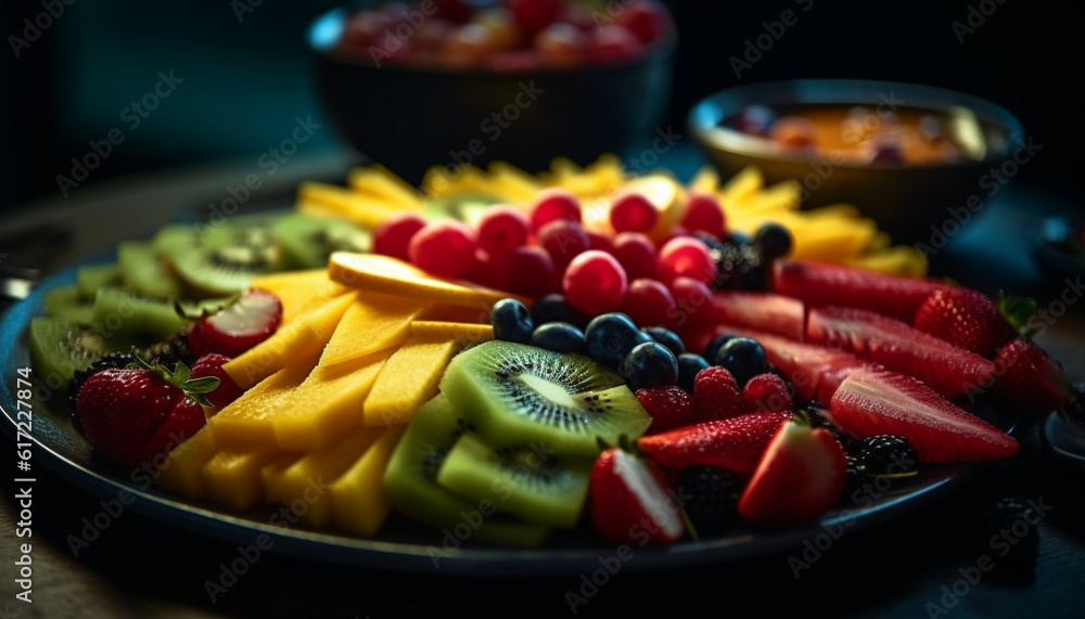 Colorful fruit salad bowl, a healthy and gourmet summer snack generated by AI