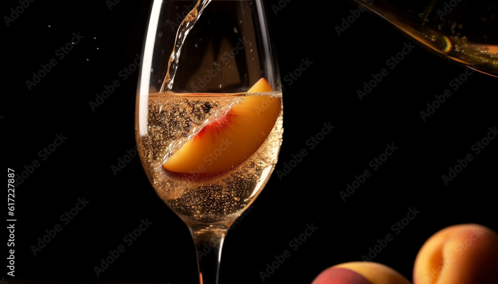 Champagne flute pouring luxury liquid for celebration in black background generated by AI