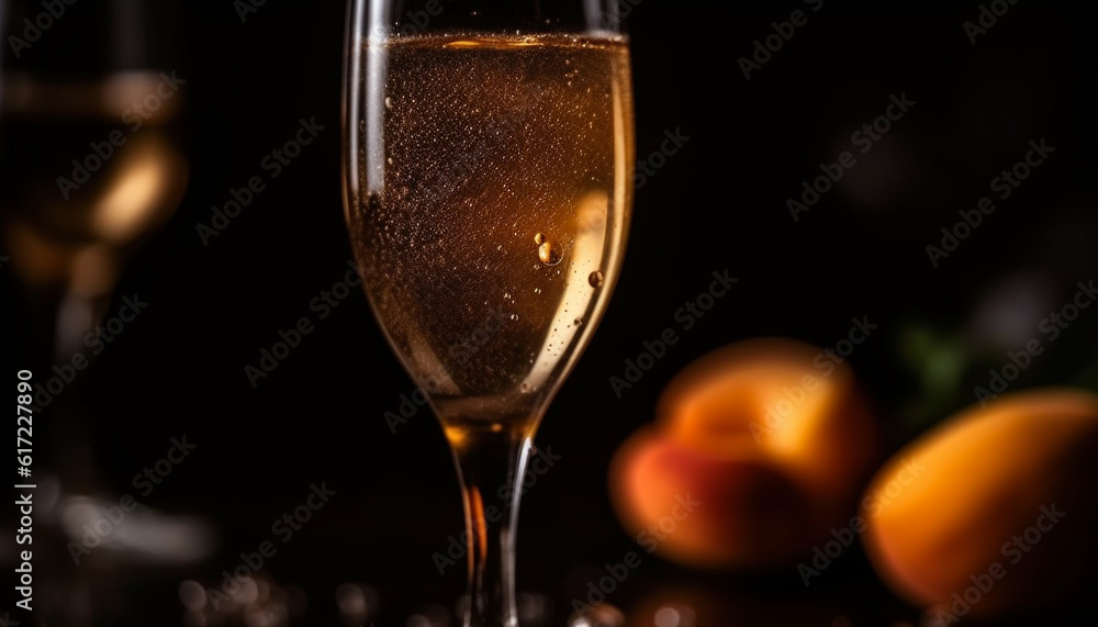 Golden elegance Champagne flute reflects luxury celebration with fresh fruit generated by AI