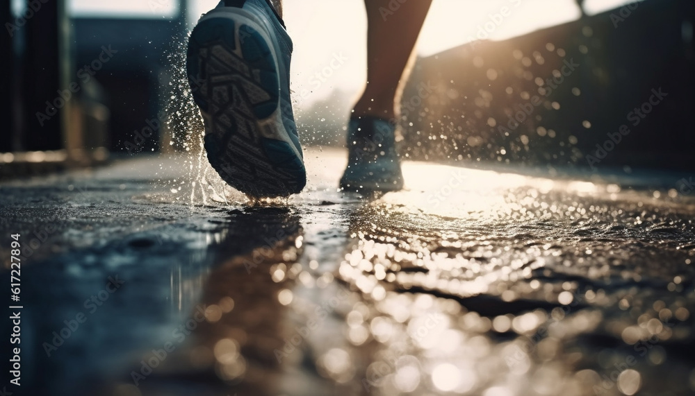 Young woman exercising outdoors, running in the rain for wellbeing generated by AI