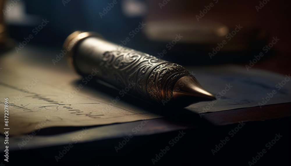 Antique quill pen on parchment, inkwell and old document generated by AI