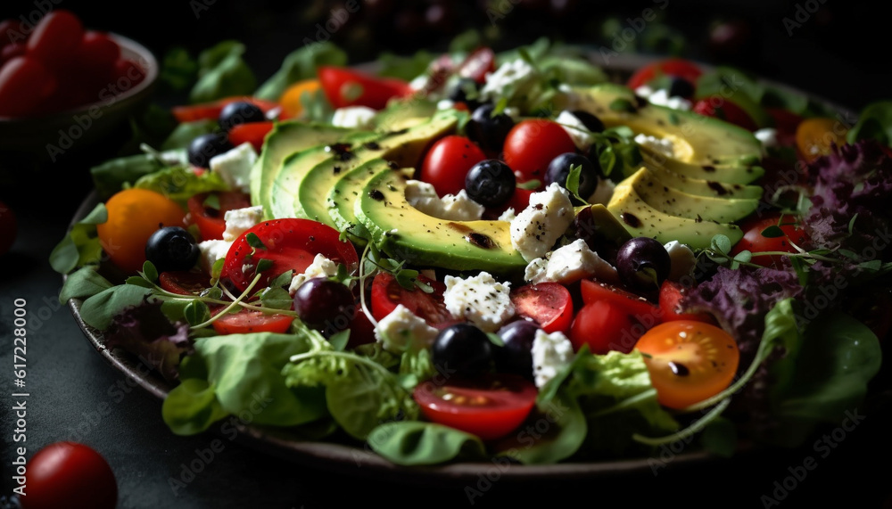 Fresh gourmet salad with organic vegetables, mozzarella, and avocado slices generated by AI