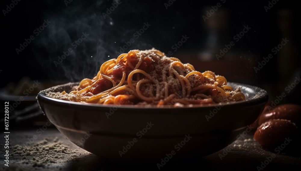 Homemade Bolognese pasta meal with organic pork and spicy onion generated by AI