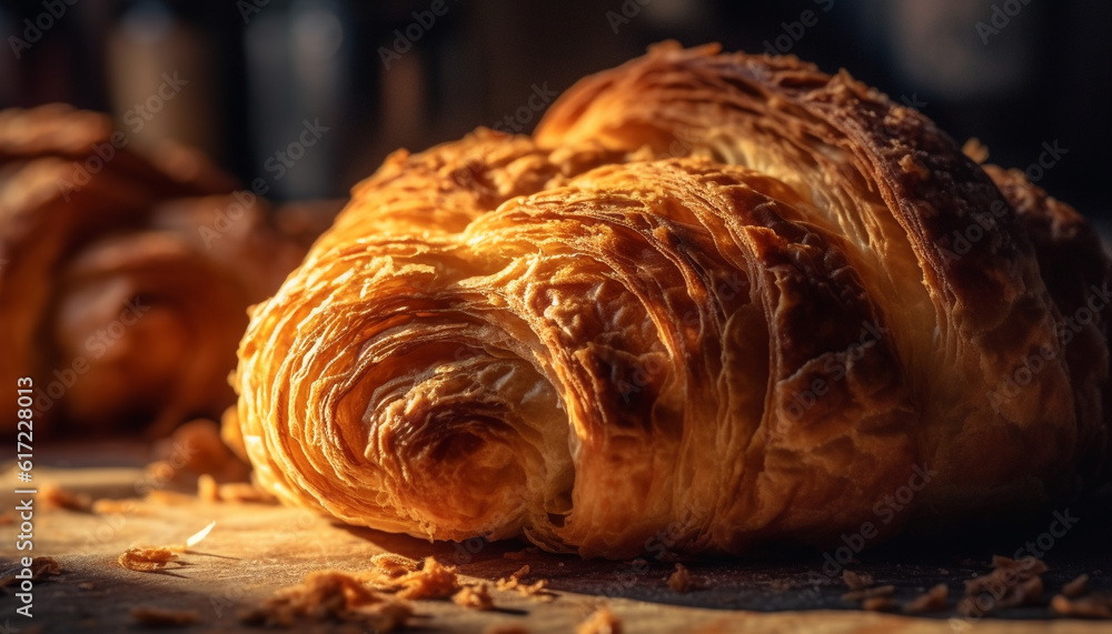 Freshly baked pastry items on a rustic wooden table indoors generated by AI