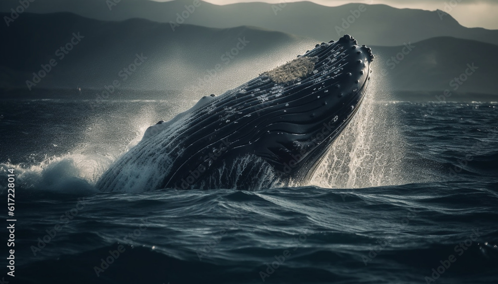 Majestic humpback breaches, silhouetted against sunset, splashing in motion generated by AI