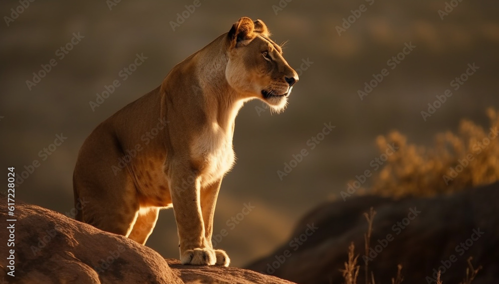 Majestic lioness walking in the wilderness, watching the sunset generated by AI