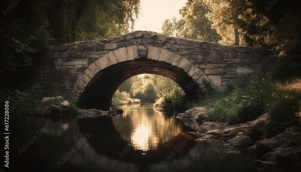 Tranquil dusk, sunlight on pond, ancient bridge, nature beauty reflected generated by AI