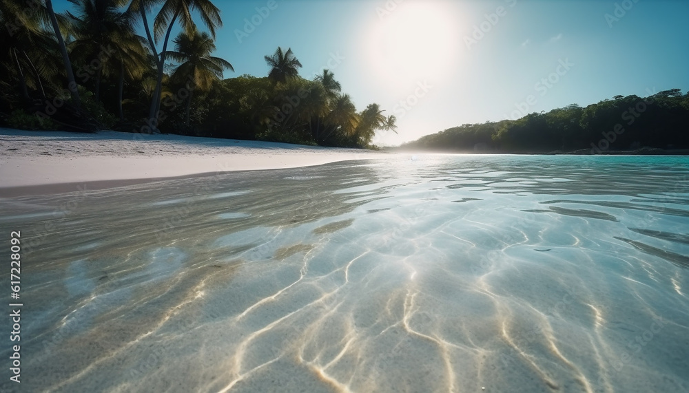 Idyllic tropical coastline, transparent water, and palm tree beauty in nature generated by AI