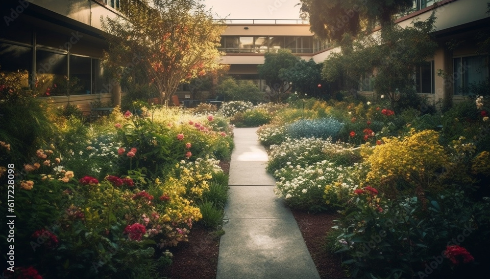 Tranquil scene of a formal garden at dusk, no people generated by AI