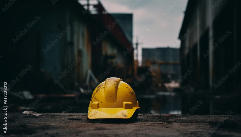 Hardhat men work outdoors on construction site, building steel structure generated by AI