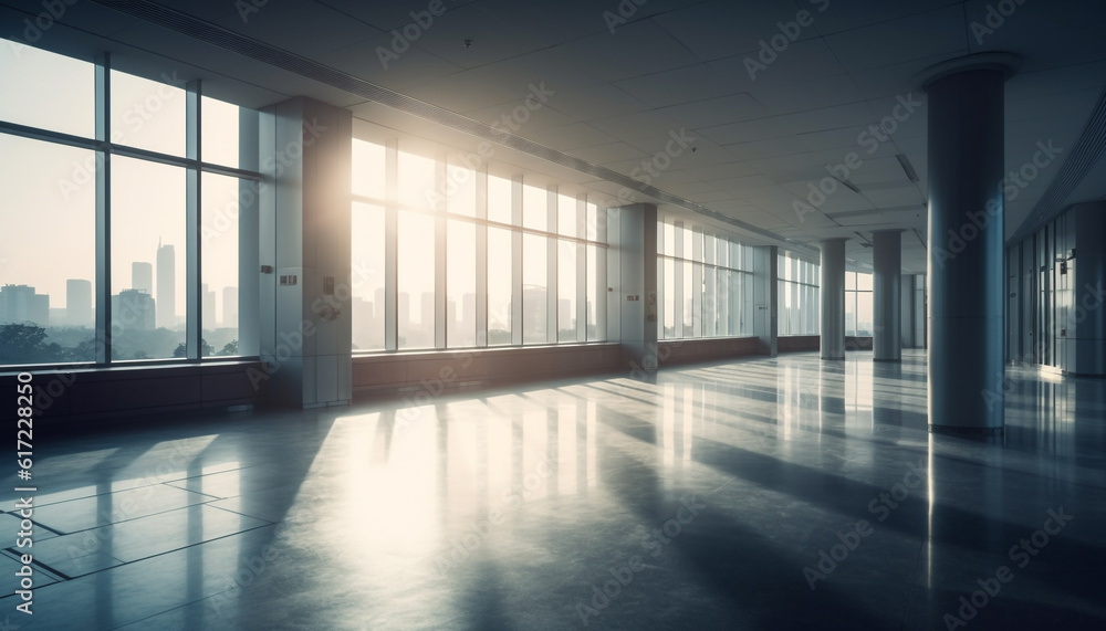 Modern empty office with bright reflection, no people, futuristic design generated by AI