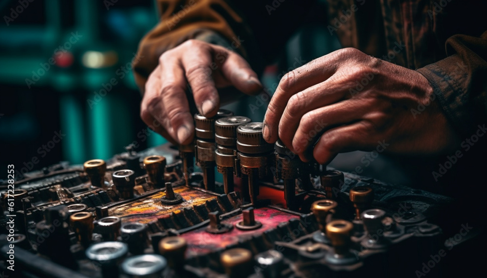 Skilled carpenter repairing machinery with hand tools in workshop generated by AI