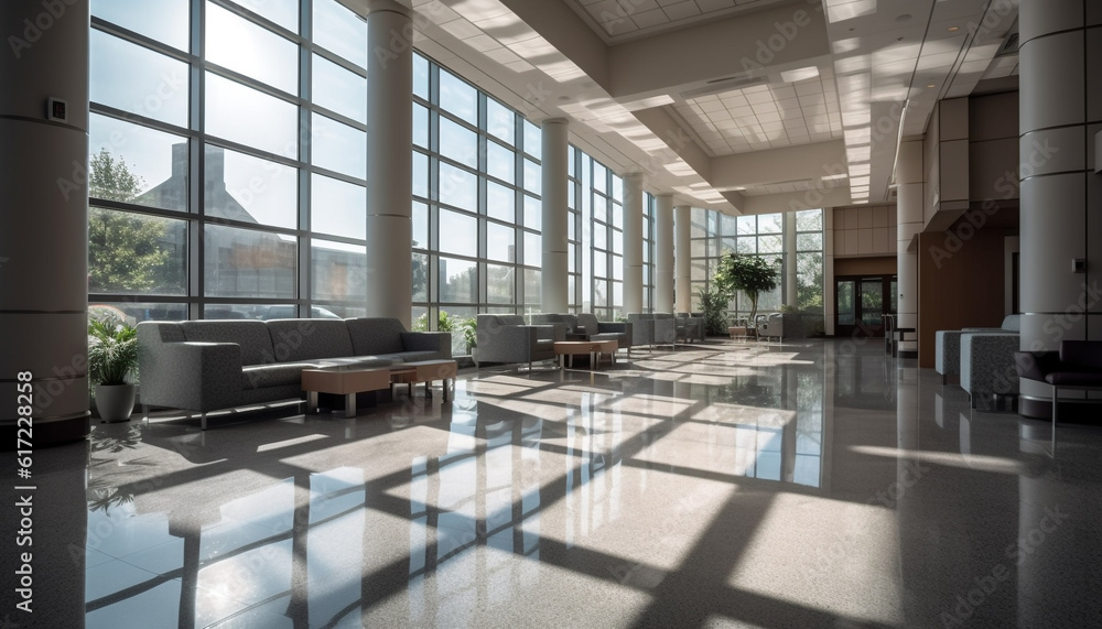 Futuristic lobby with new materials, glass walls, and steel ceiling generated by AI