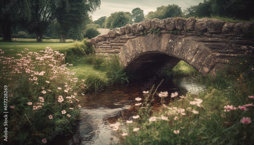 Tranquil canal reflects old architecture in idyllic rural scene generated by AI