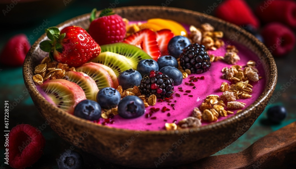 Healthy indulgence Fresh berry bowl with yogurt, granola, and honey generated by AI