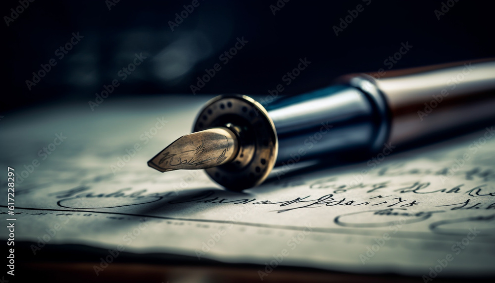 Antique quill pen on old document with selective focus signature generated by AI