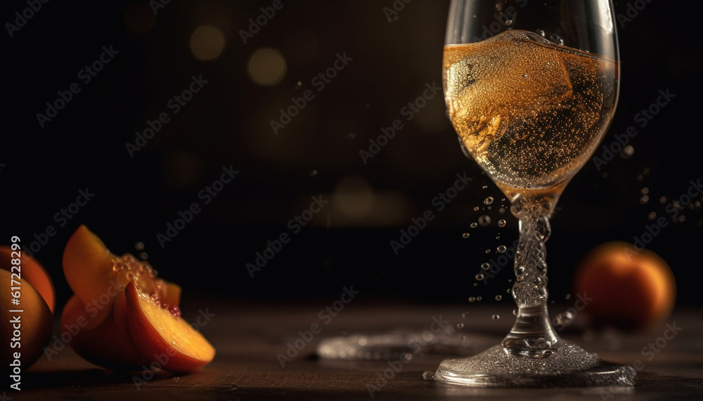 Refreshing champagne pouring into wineglass on wooden table background generated by AI