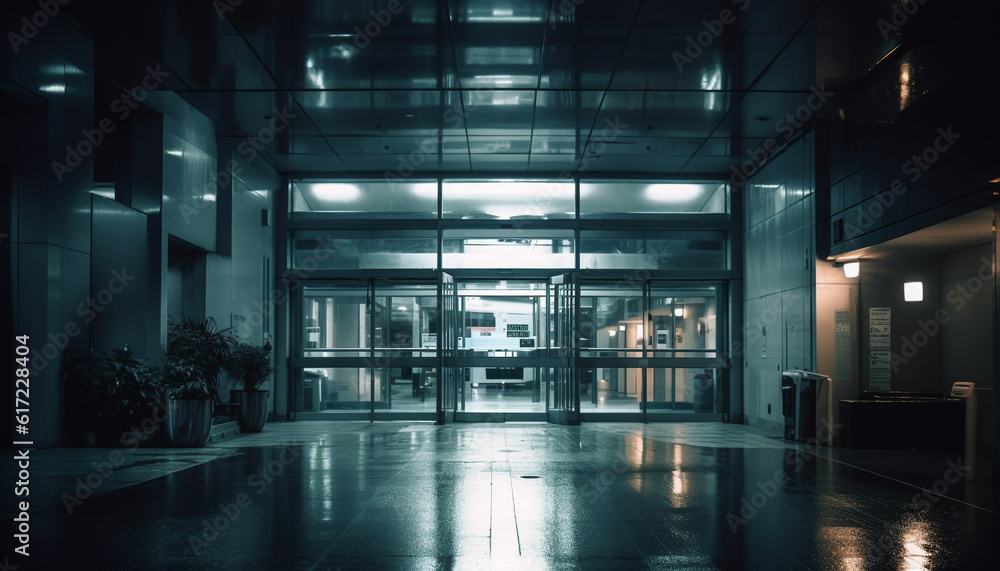 Bright modern corridor with vanishing point and glass reflection generated by AI