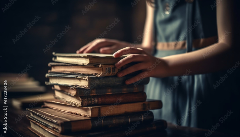 One person studying old fashioned literature in a library bookshelf generated by AI