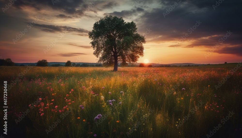 Silhouette of tree against vibrant sunset sky in rural meadow generated by AI