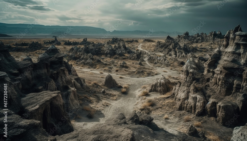 Majestic mountain range, eroded rock formation, panoramic seascape, blue sky generated by AI