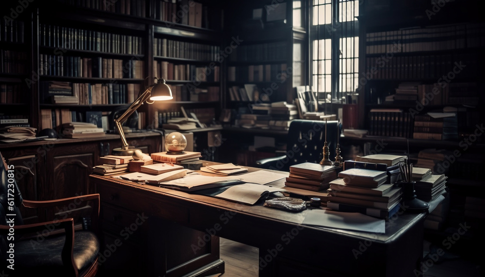 Stacks of old books on a large bookshelf in library generated by AI