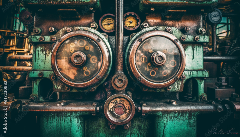 Rusty machinery in old factory, metal worker repairing broken equipment generated by AI