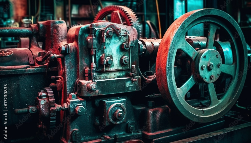 Antique machinery in old workshop, metal worker repairing industrial equipment generated by AI