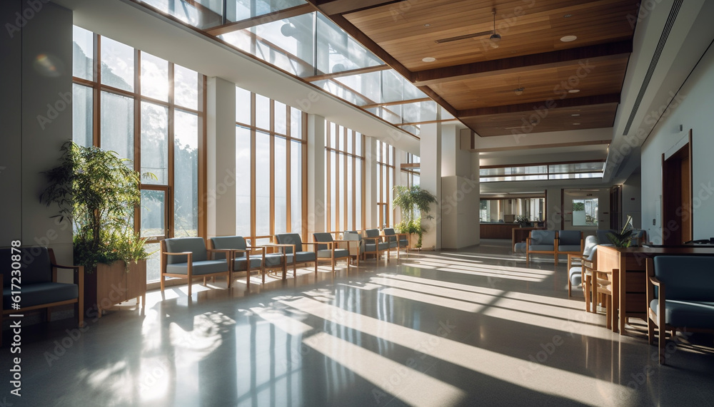 Inside of a modern building feature, a bright blue lobby generated by AI