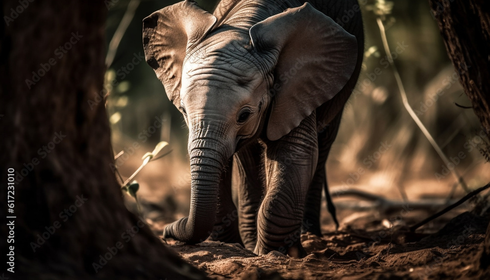 Tranquil sunset in African wilderness, large elephant walking in foreground generated by AI