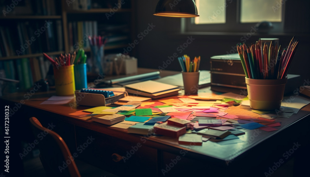 Creative workspace desk with multi colored paper, pencils, and crayons generated by AI