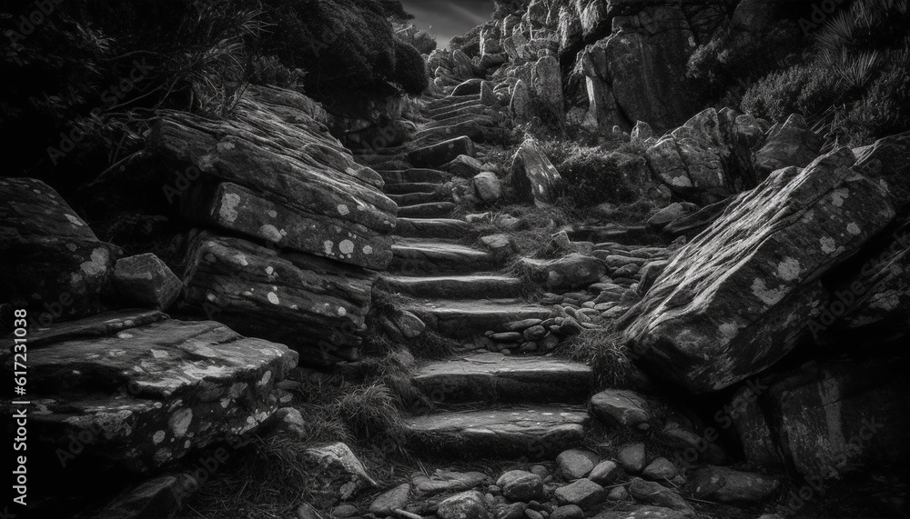 Tranquil staircase leads to ancient ruin on rocky cliff coastline generated by AI