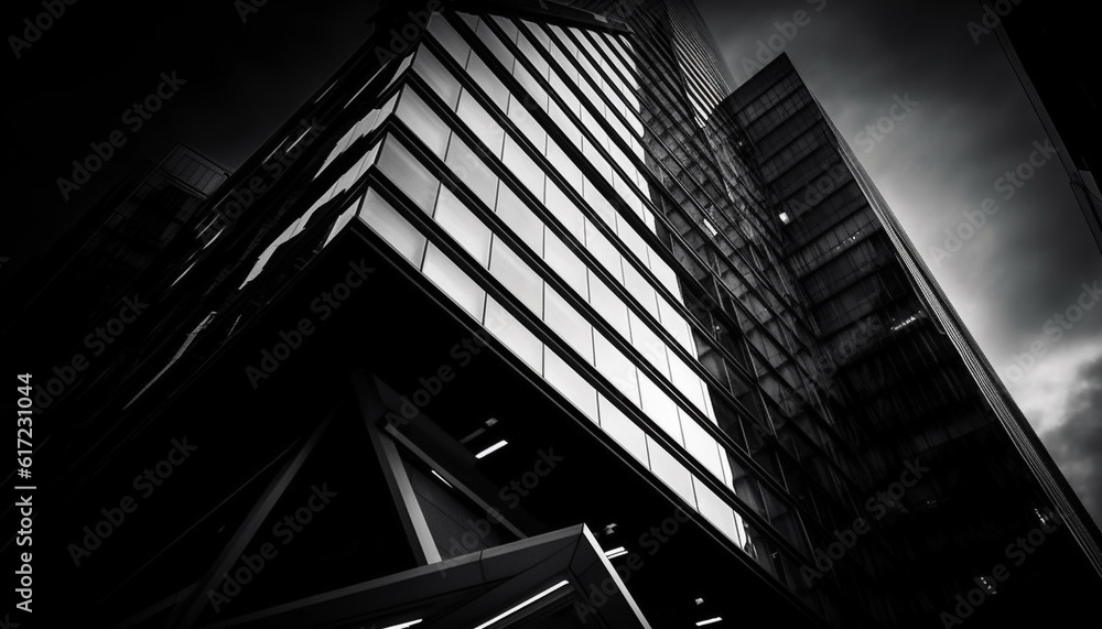 Futuristic skyscraper facade, abstract geometric shapes, black and white monochrome generated by AI