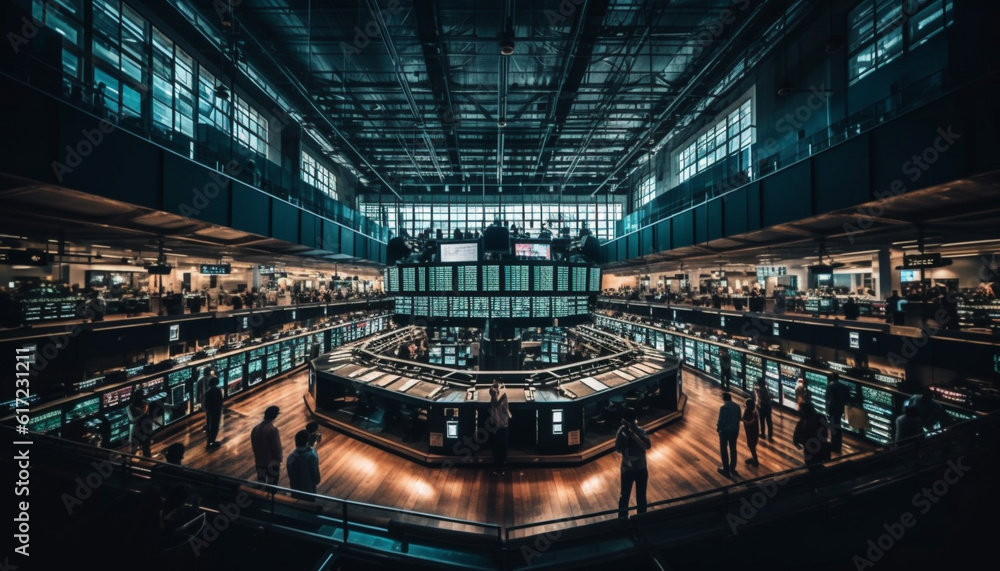 Modern city life at night, inside of a futuristic glass factory generated by AI