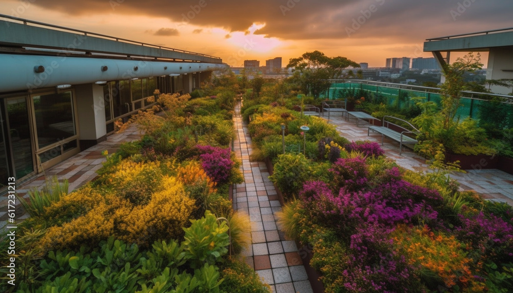 Beauty in nature architecture sunset sky, multi colored flowers, green grass generated by AI