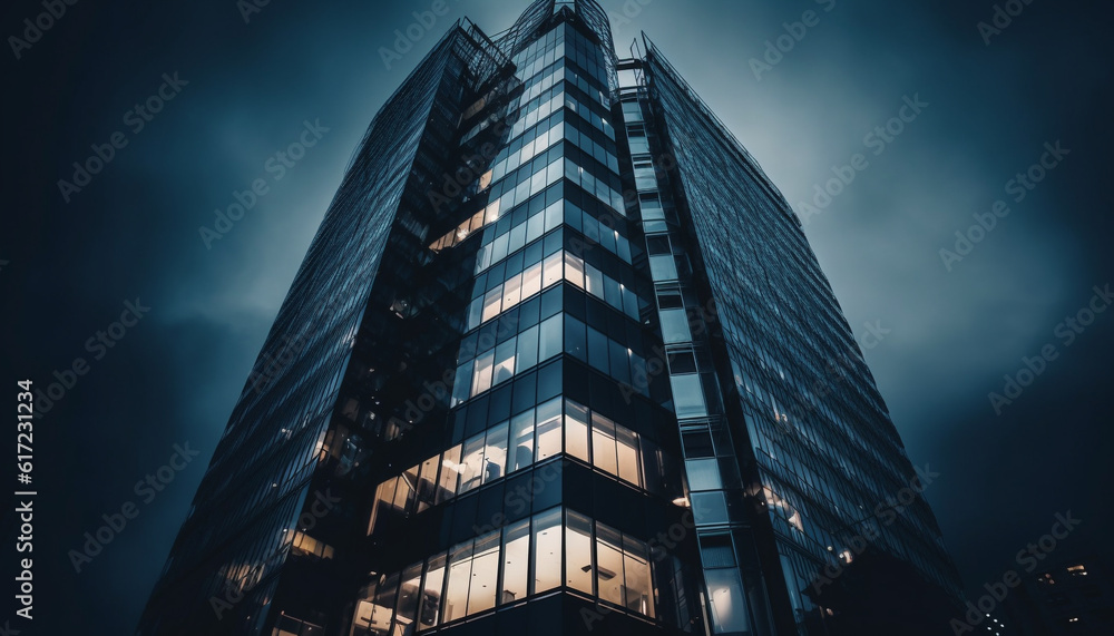 Modern skyscraper reflects futuristic city life in illuminated steel facade generated by AI