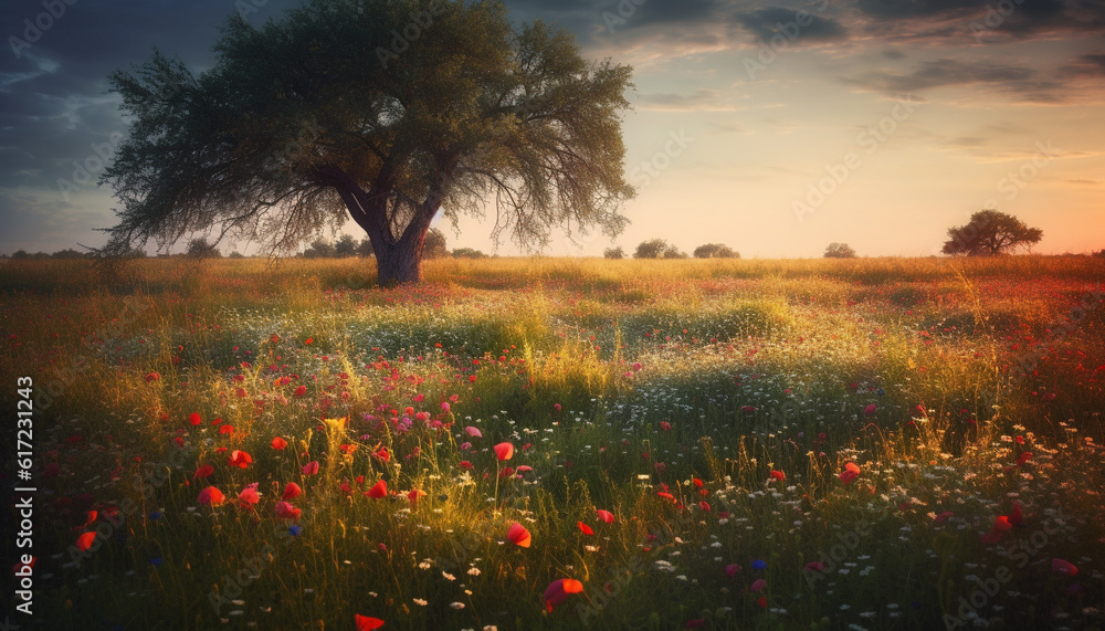 Vibrant wildflower meadow at sunset, a tranquil rural scene generated by AI