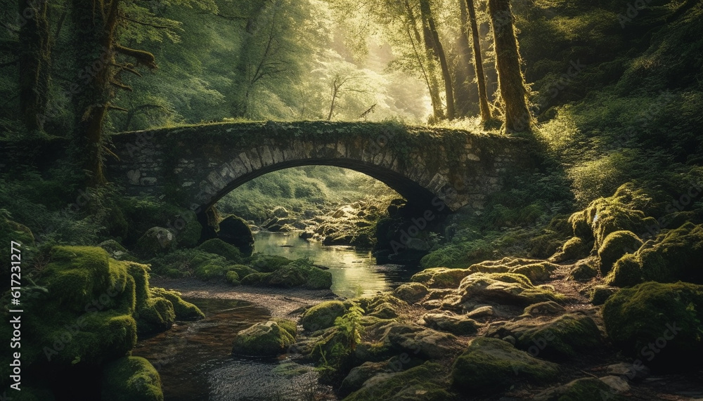 Tranquil scene of ancient bridge over flowing water in forest generated by AI