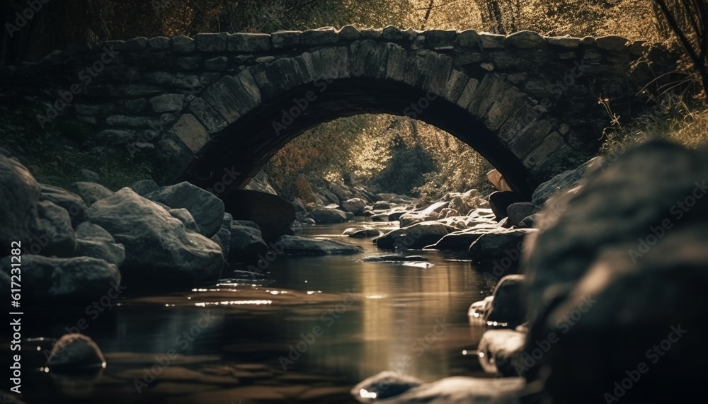 Stone arch bridge over tranquil water in autumn forest landscape generated by AI