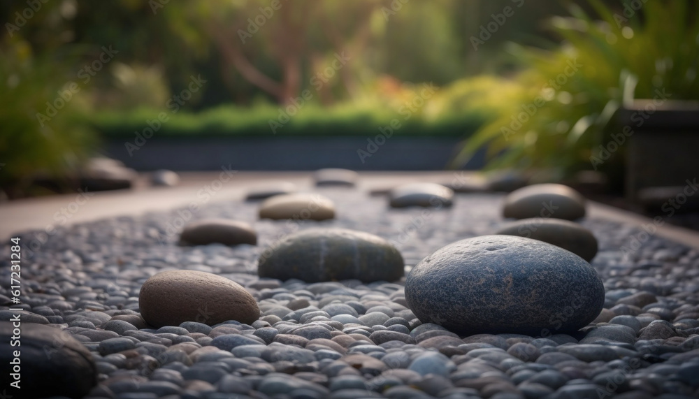 Smooth green pebble sphere in wet landscape with granite backdrop generated by AI