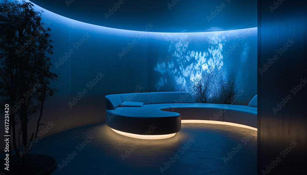 Modern domestic room with glowing abstract design and illuminated window generated by AI