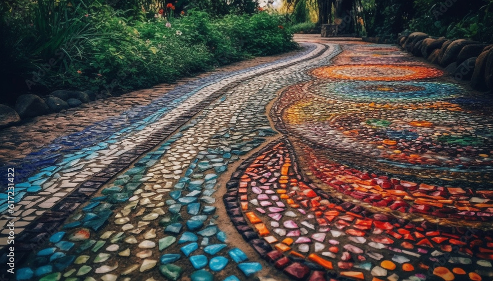 Tranquil summer footpath curves through multi colored forest landscape generated by AI