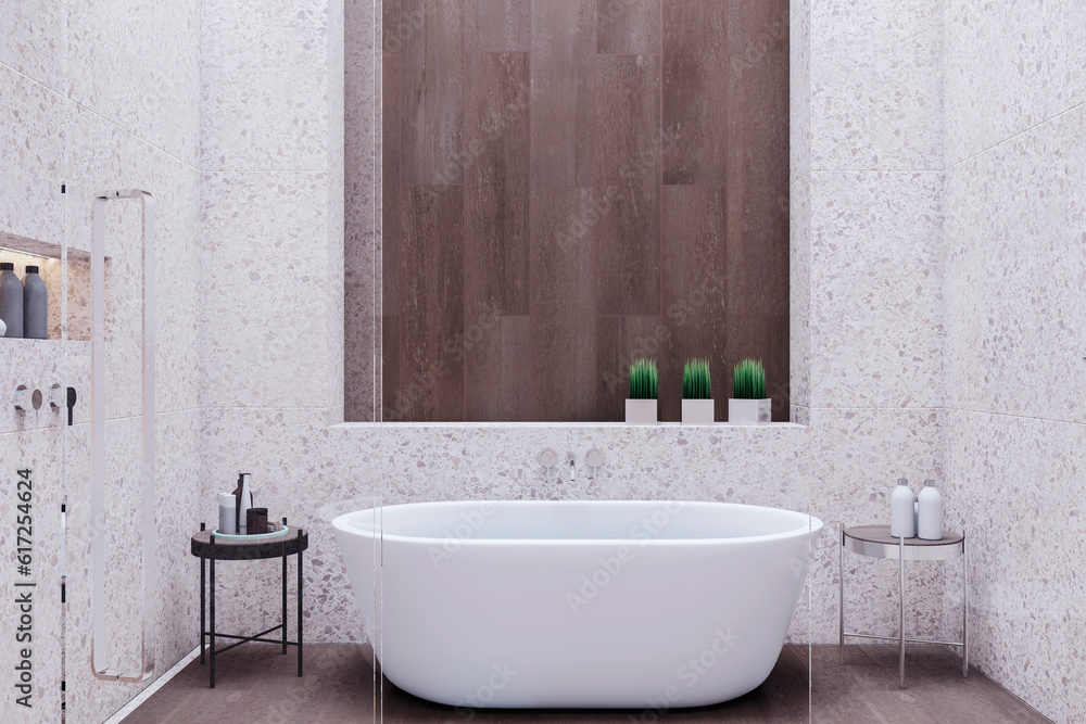 Light marble bathroom interior. Hotel, luxury design concept. 3D Rendering.