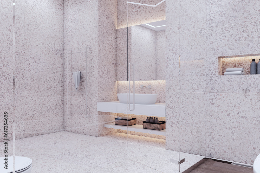 Bright marble bathroom interior. Hotel, luxury design concept. 3D Rendering.