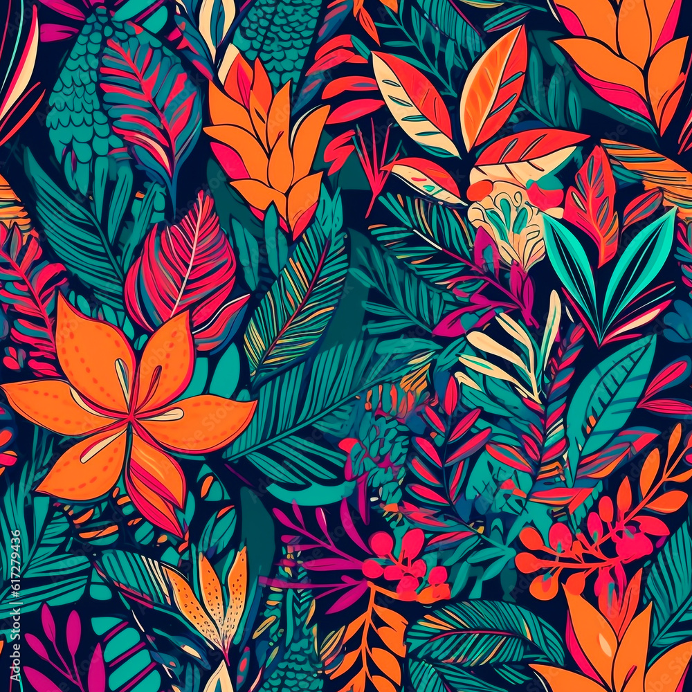 Seamless pattern with tropical flowers and leaves.