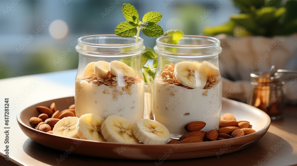 Almond banana smoothie with oat flakes in glass jars, oatmeal and almonds on the old wooden backgrou