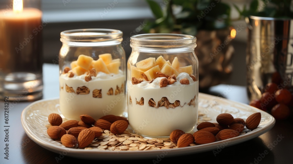 Almond banana smoothie with oat flakes, Healthy vegan breakfast.