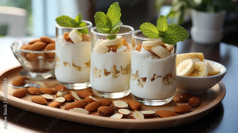 Almond banana smoothie with oat flakes in glass jars, oatmeal and almonds on the old wooden backgrou