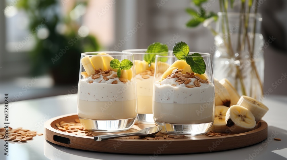 Almond banana smoothie with oat flakes in glass jars, oatmeal and almonds on the old wooden backgrou